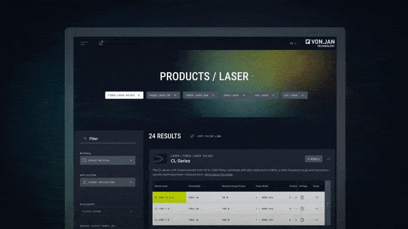 Testen Sie die intuitive Produktsuchfunktion und finden Sie den perfekten Laser, Scankopf und die passende Optik für Ihre Laseranwendung oder Ihr Systementwicklungsprojekt.
