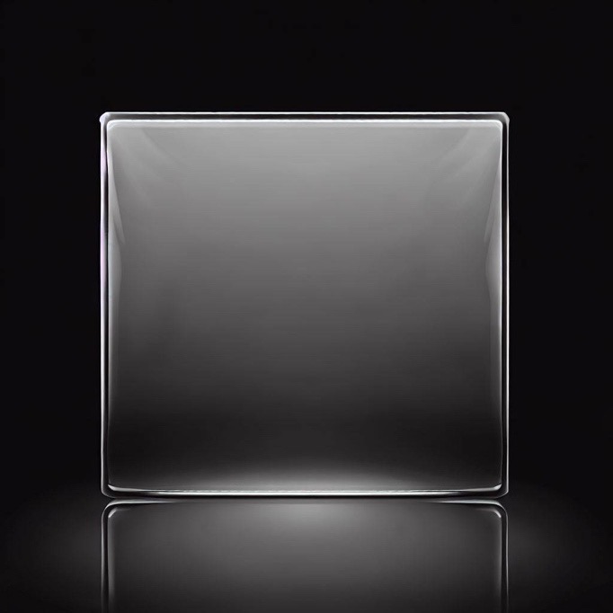 Square glass plate on a black background as material for laser marking. 