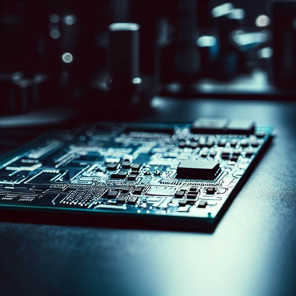 Printed circuit board on a table as material for laser marking.