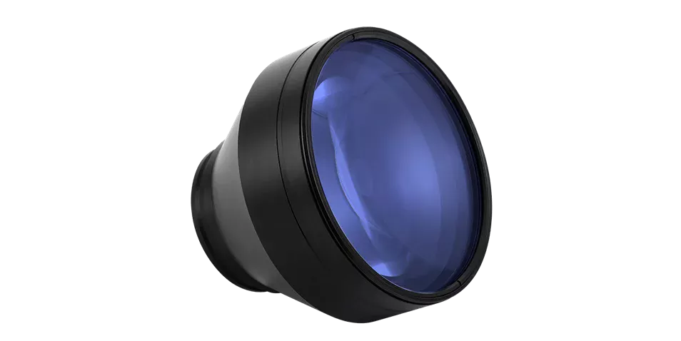 Eine unserer telezentrischen F-Theta-Linsen aus optischem Glas passend für gepulste Faserlaser.